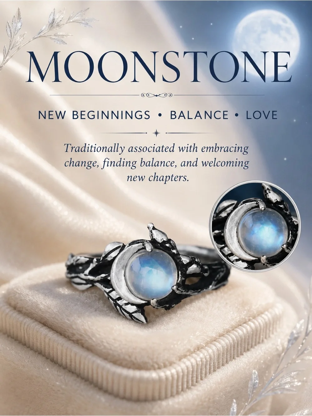 “Blue Moonstone-Look Cabochon Crescent Moon Leaf Ring”
